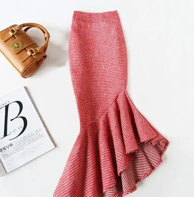 

plus size 4XL!Irregular fishtail skirt high waist women winter package hip red plaid woolen skirt office lady TB3746