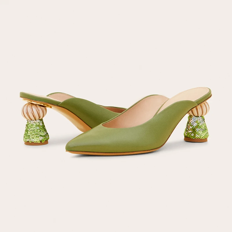 Bling Sequin Heels Ins Hot Women Slides Shallow Mouth Orange Pink Green Solid Color Strange Heel Genuine Leather Chic Slipper | Обувь