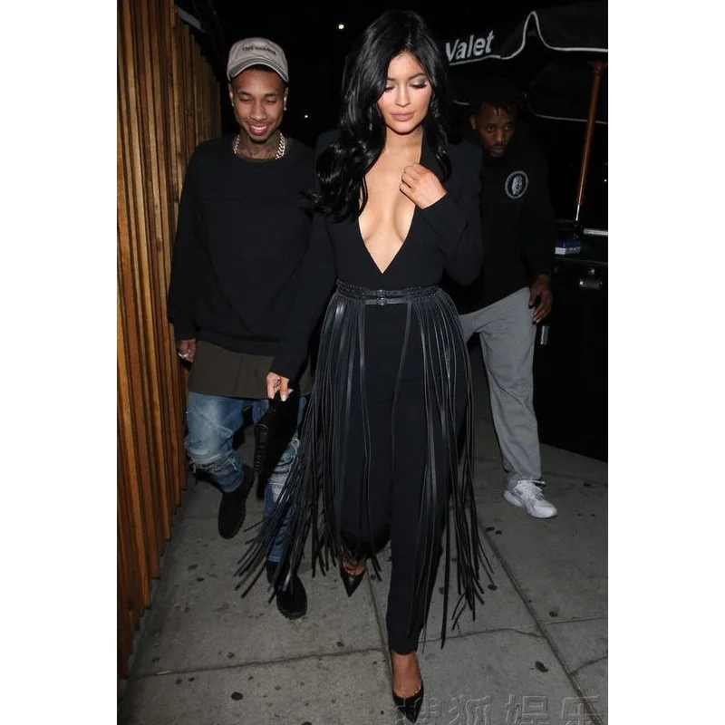 Европейский и американский модный черный длинный пояс с кисточками пряжкой