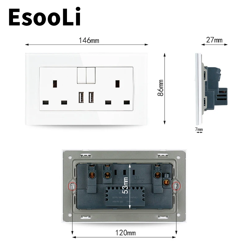 Esooli стеклянная панель 13A двойной стандарт Великобритании розетка переключается
