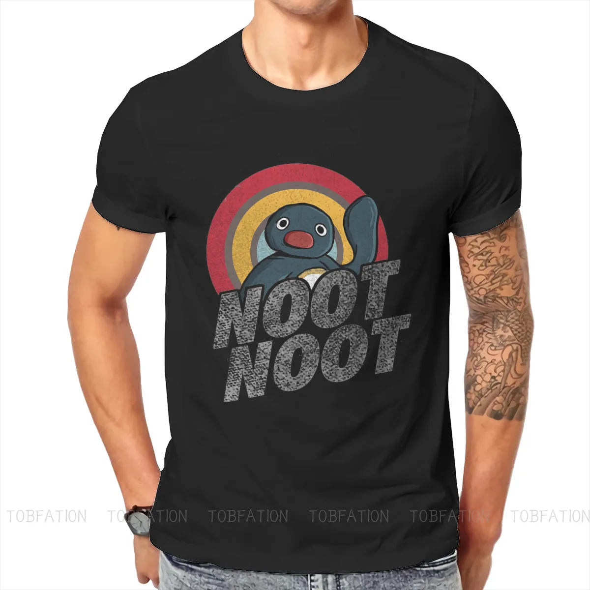 

Vintage Rainbow Distressed Round Collar TShirt Pingu Noot Pinga Penguin TV Classic T Shirt Men Clothes New Design Oversized