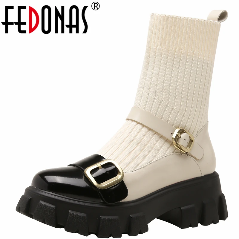 

FEDONAS New Platforms Buckle Women Ankle Boots Autumn Winter Genuine Leather Thick Heels Knitting Shoes Woman Brand Socks Boots