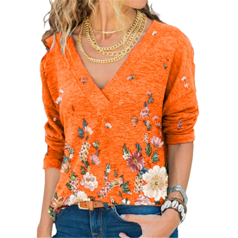 

Woman's Loose T shirt Pullovers Floral Printed Loose Casual Plus Size Clothing Woman's V-Neck Tops Shirts Long Sleeve Size S-5XL
