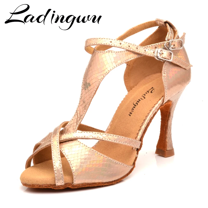 

Ladingwu Dance Shoes Woman Latin Discoloration Snake texture Gold PU Salsa Dance Shoes 9cm Cuban Heel Tango Professional Shoes