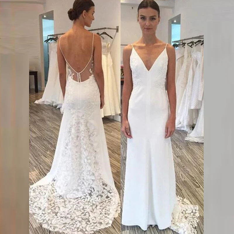 

Modern Unique White Lace Open Back Bridal Wedding Dresses Sleeveless Plunge V Neck with Strap Wedding Gowns for Bride Wholesale