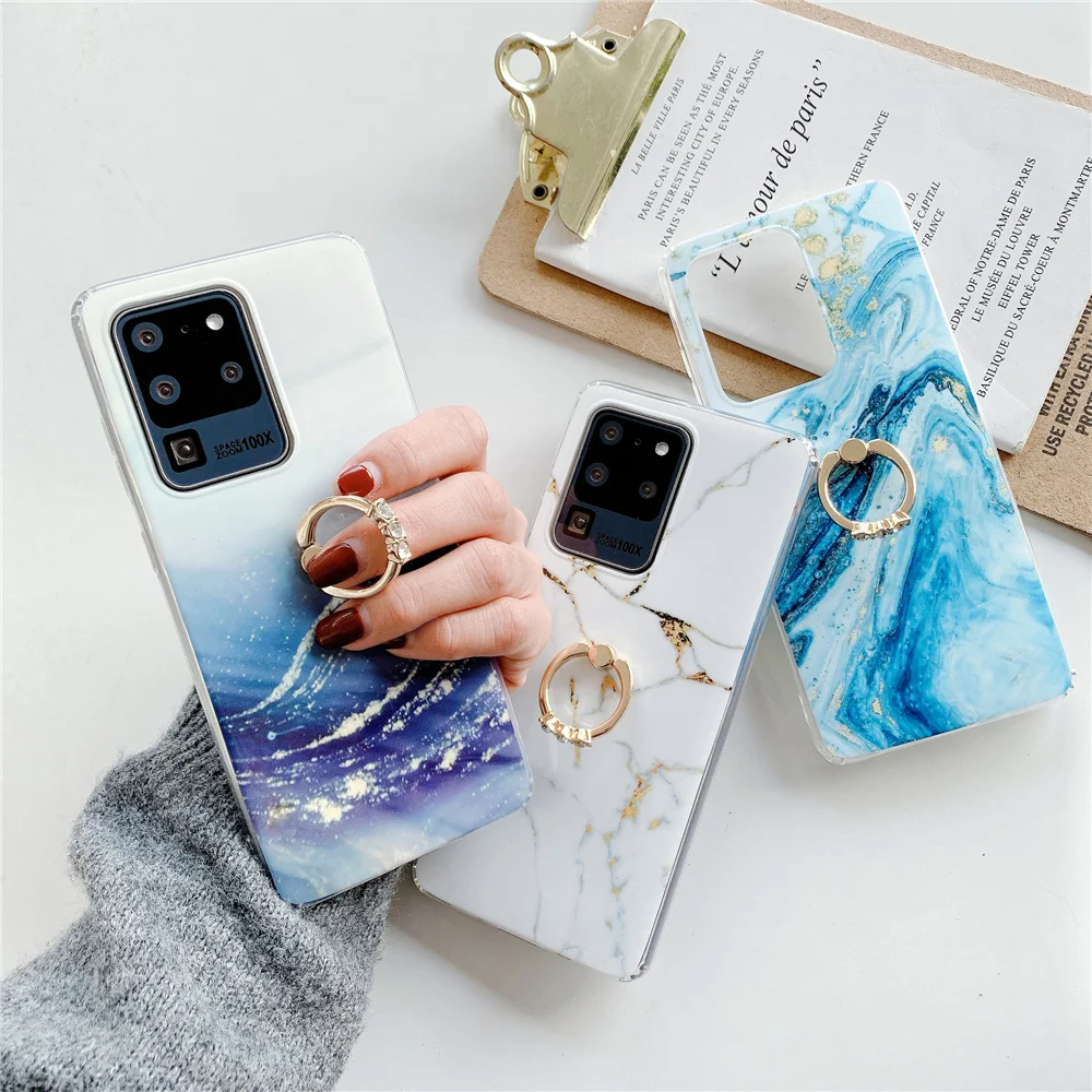 

Marble Phone Case with Kick Stand for Galaxy S20 FE Note 20 Ultra S10 Plus A51 A71 A50 Glossy Protection Cover Soft IMD Coque