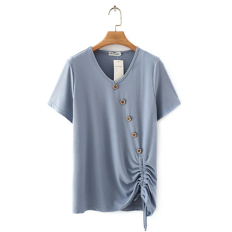 

Women T Shirt Plus Size Tees 2021 Summer Clothes Short Sleeve Plus Size Tops Oblique Buckle Ice Silk Drawstring Camiseta Mujer