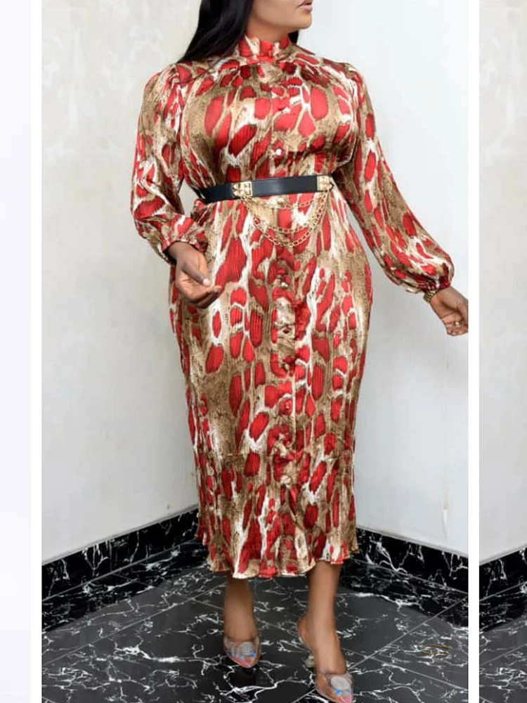 

Print Chiffon Free Shipping Women's Pleated Loose Dress 2021 New Ladies Autumn Long Sleeve Single Breasted Large Size Long Dress