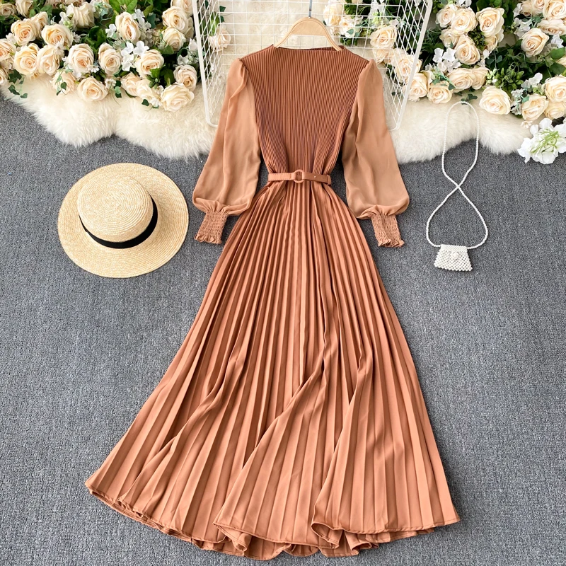 

Women Maxi Dress Spring Autumn Patchwork Chiffon Pleated Dresses Ladies French Elegant Party Dresses Fashion Beach Dress