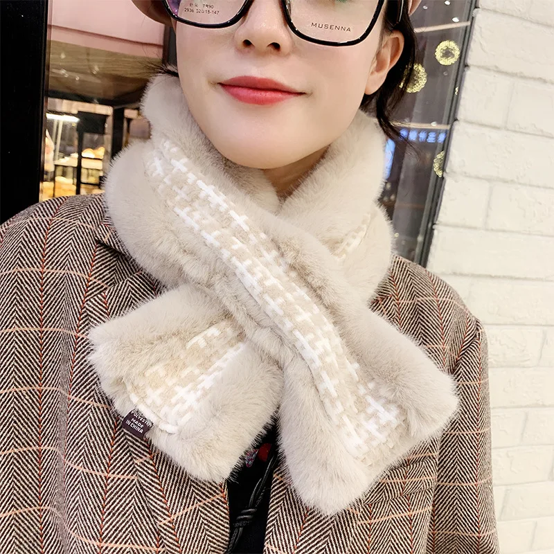 

South Korea Autumn and Winter Fur Like Rex Rabbit Plush Scarf Stitched Cross Women's Neck Thickening To Keep Warm 85cmX12cm