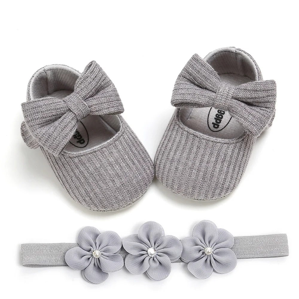 Серый Emmababy модные милые комплекты одежды из 2 предметов; для детей; детская обувь; детские для девочек, обувь для младенцев Детские Мягкая подошва, с бантом для детей, начинающих ходить Туфли под платье+ повязка на голову - Цвет: Серый
