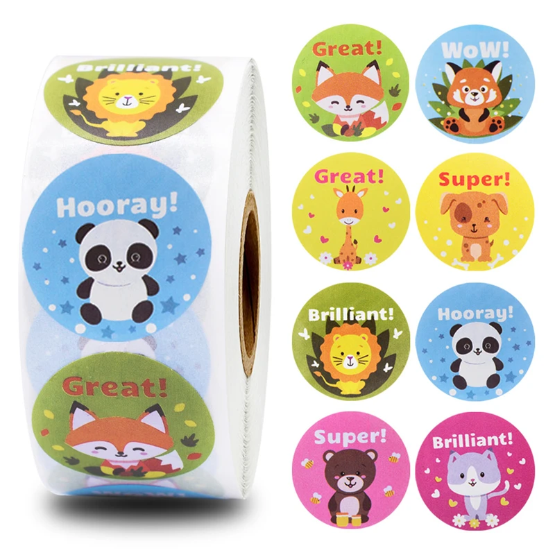 

500Pcs/Roll Creative Animals Stickers 1 Inch Encourage Labels for School Teacher Reward Kids Game Stationery Decoration Stickers