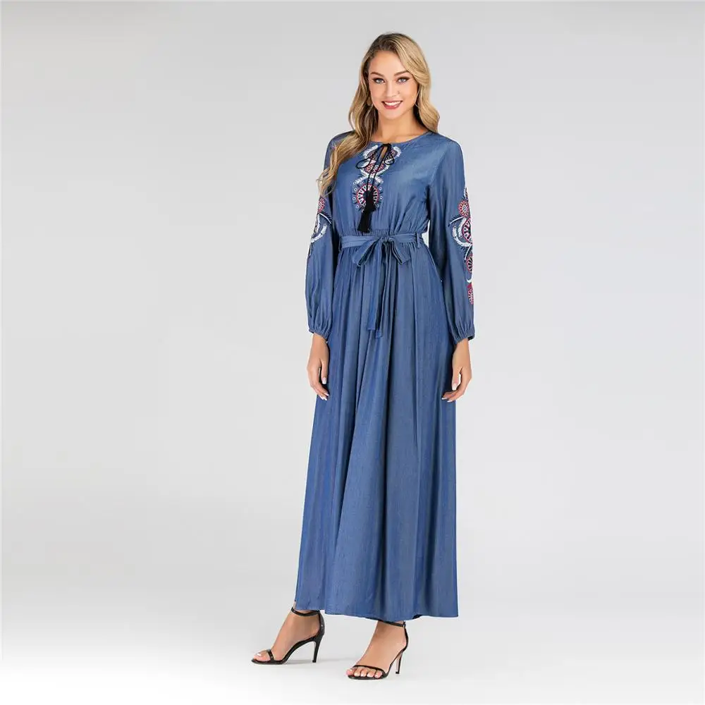 Джинсовое Абая платье Дубай для зимы и осени цветочный марокканский кафтан