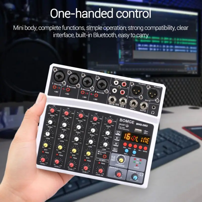 

Аудиомикшер со стереосигнальным входом и USB-портом, DJ-консоль для смешивания звука, MP3 Разъем, 6 каналов, караоке, 48 В, усилитель для караоке, к...