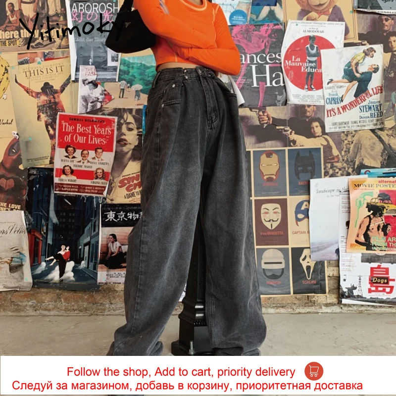 

Yitimoky Vintage High Waisted Women Jeans 2021 Spring Summer Fashion Wide Leg Korean Style Straight Denim Pants Mom Black Blue