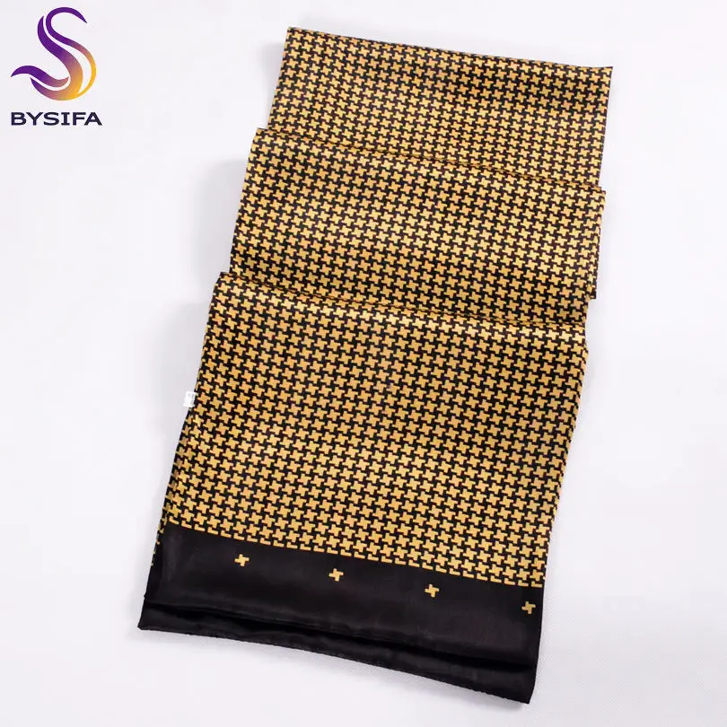 black gold plaid BYSIFA, мужские шелковые длинные шарфы, новая мода, чистый шелк, мужской шелковый шарф с пейсли, модные аксессуары, деловые шарфы 160*26 см - Цвет: black gold plaid