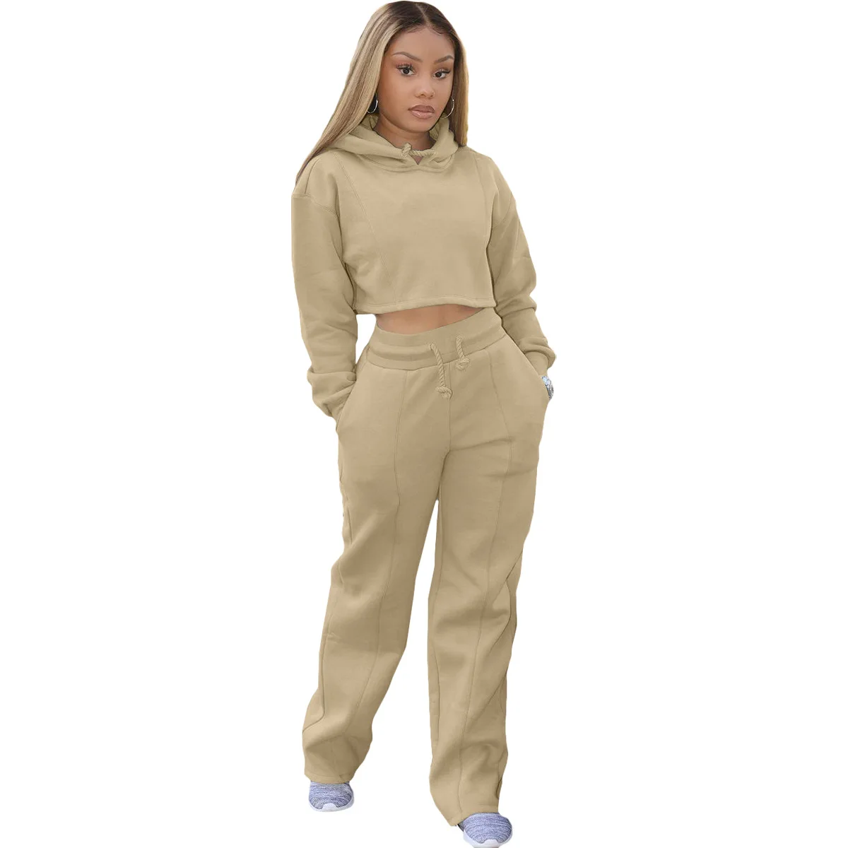 

Women Two Piece Set Solid Loose Casual Long Sleeve Hooded Crop Pullovers Tops + Drawstring Long Pants Autumn Winter Outfit