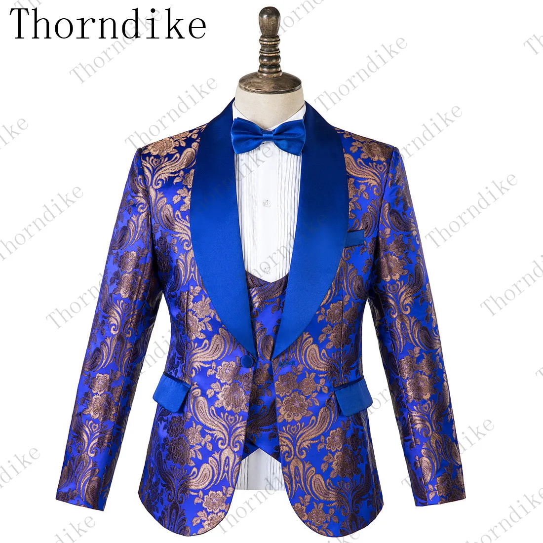 Thorndike Королевский Синий Облегающий медный узор костюмы новые модные мужские куртки+ брюки+ жилет из 3 предметов высокого качества мужской свадебный костюм