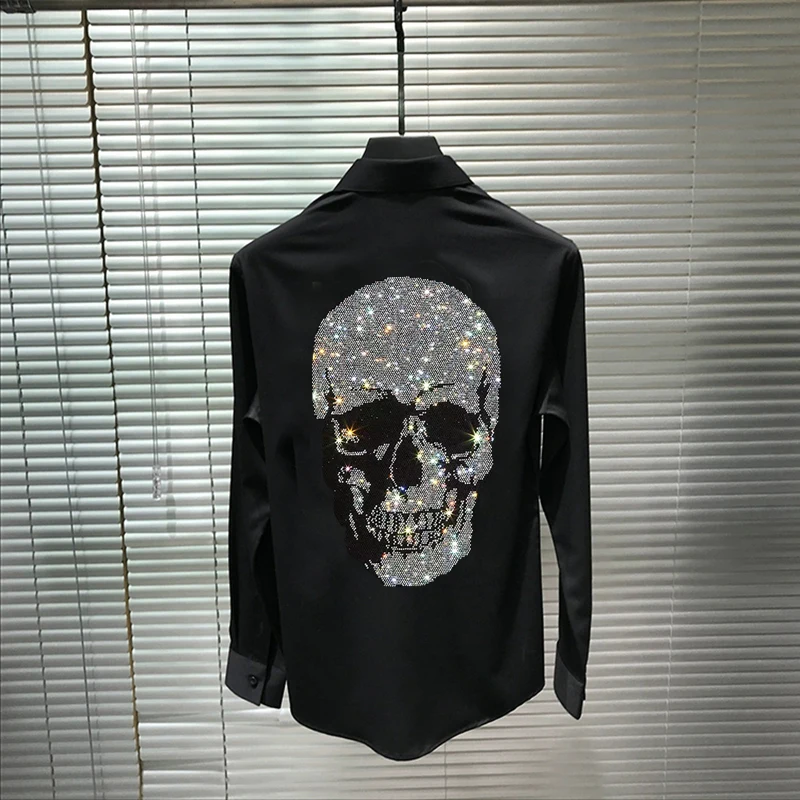 Mn Skull Style Long-Sleeved Night Business Overalls Exquisite Solid Color Hot Diamond Men's Formal T-Shirt Slim Fit