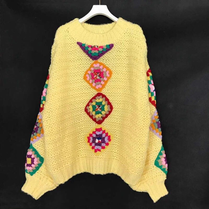 

Women Pullover Loose Lantern Sleeve flower knitting Sweater Female Elegant All-match Trendy Oversize Streetwear Clothes
