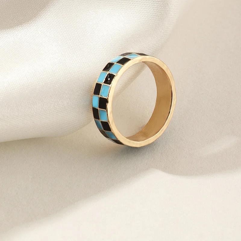 

2021 New Ins Creative Checkered Ring Vintage Drop Oil Geometric Round Rings For Women Girls Fashion Jewelry Gift