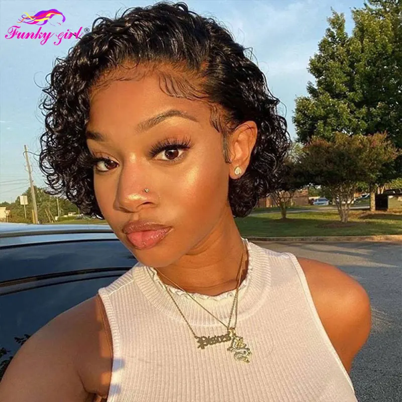 Curly Short Pixie Cut Wig Transparent 13x1 Lace Part Human Hair Wig Brazilian T Part Lace Wigs For Women Short Bob Wig Remy Hair