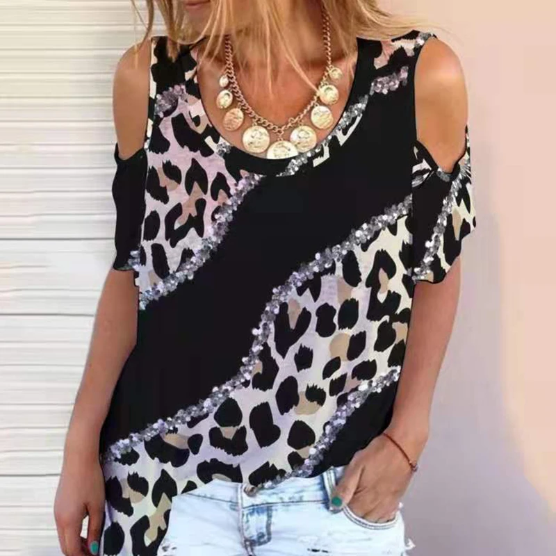 

Fashion Summer Women O-Neck Short Sleeve Leopard Splicing T-shirt Irregular Pullover Ladies Plus Size Off shoulder Print Tops