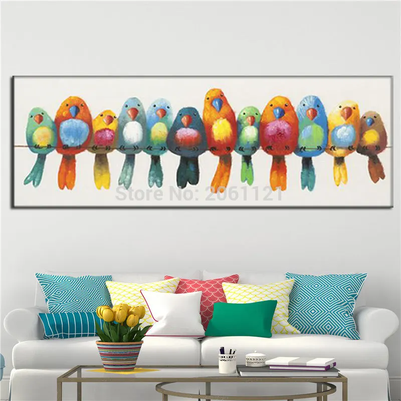 

Картина маслом «забавная Птица» ручной работы, настенные картины с оранжевыми и синими цветными птицами, большая длинная Картина на холсте ...
