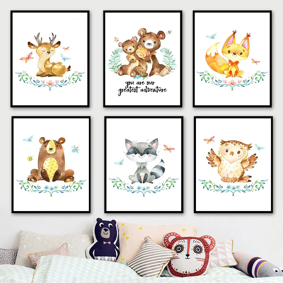 

Cartoon Raccoon Deer Bear Owl Fox Animal Wall Art Canvas Painting Nordic Posters And Prints Wall Pictures Baby Kids Room Decor