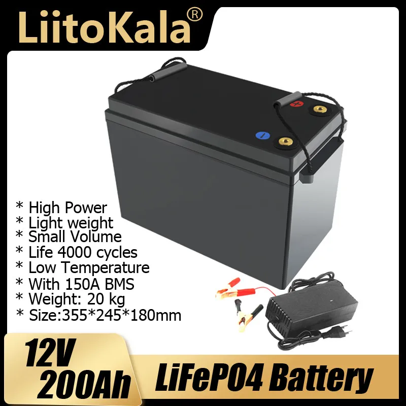 

LiitoKala 12V 200AH lifepo4 lithium battery 4s 12.8V 200Ah with voltage display for 1200w inverter boat golf cart UPS