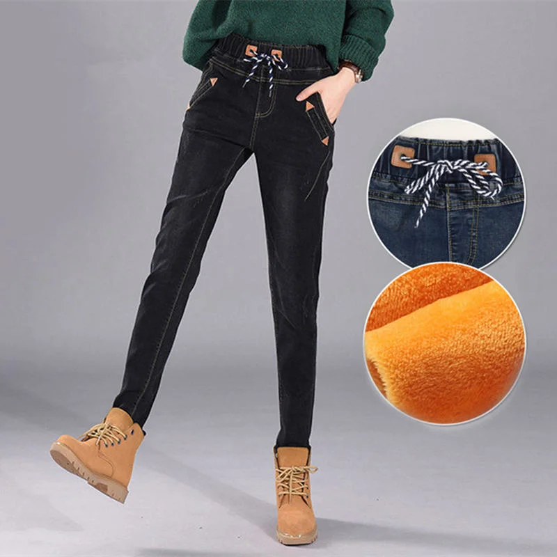 Плюс бархатные Повседневные Джинсы бойфренда для женщин со шнуровкой длинные
