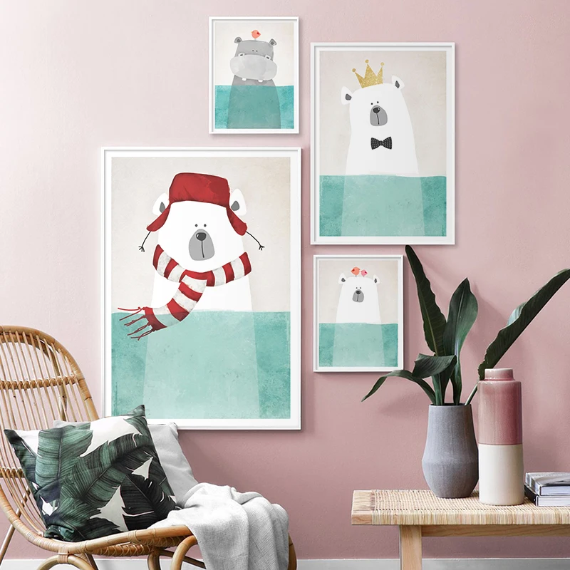 

Cartoon cute big white bear hippo wall art decoration poster canvas painting children's room kindergarten decoration