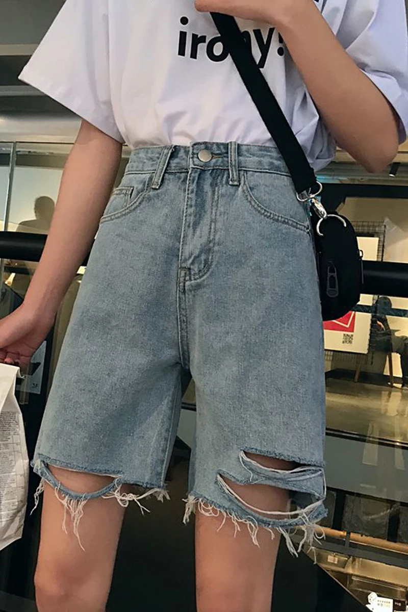 

2021 summer new design sense hole straight loose wide-leg five-point pants denim shorts women's trendy ins pants