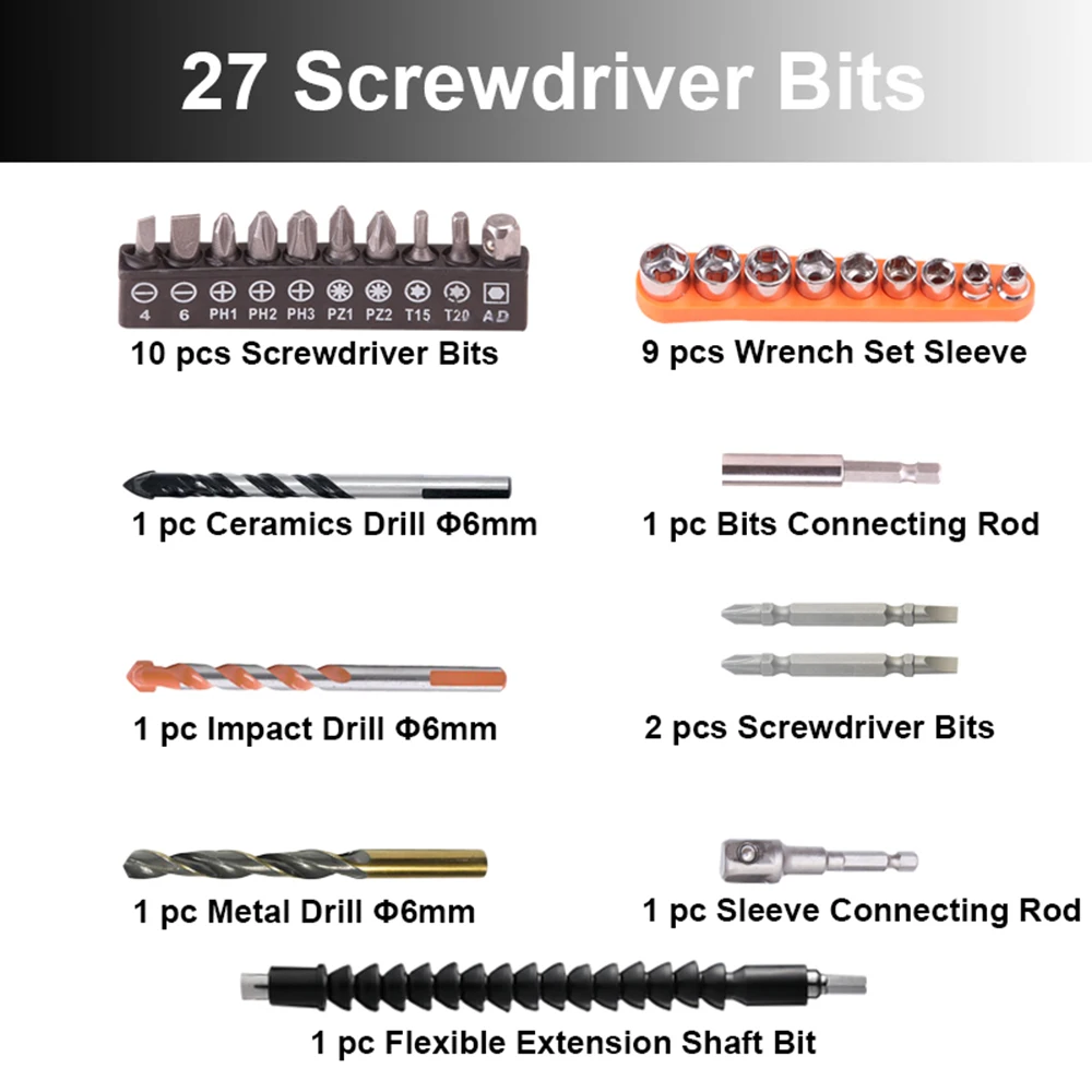 25V 48N.m Impact Battery Drill Cordless Screwdriver Power Tools Impact Electric Screwdriver Electric Impact Drills+27 Pcs Parts