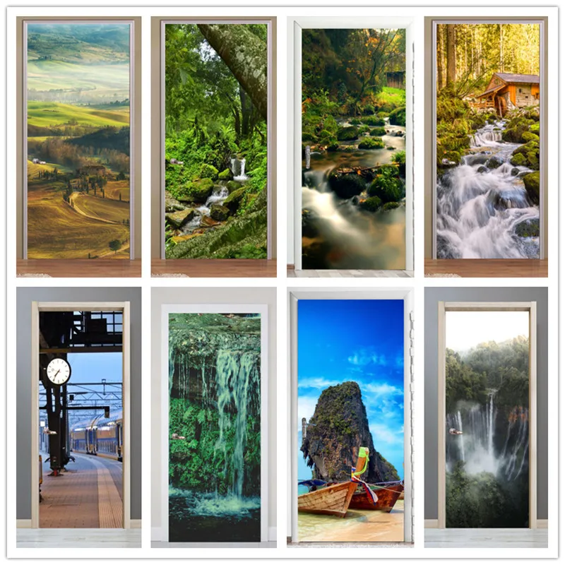 

Self-adhesive waterfall landscape art door sticker home decoration door cover wall stickers mural porch wallpaper poster