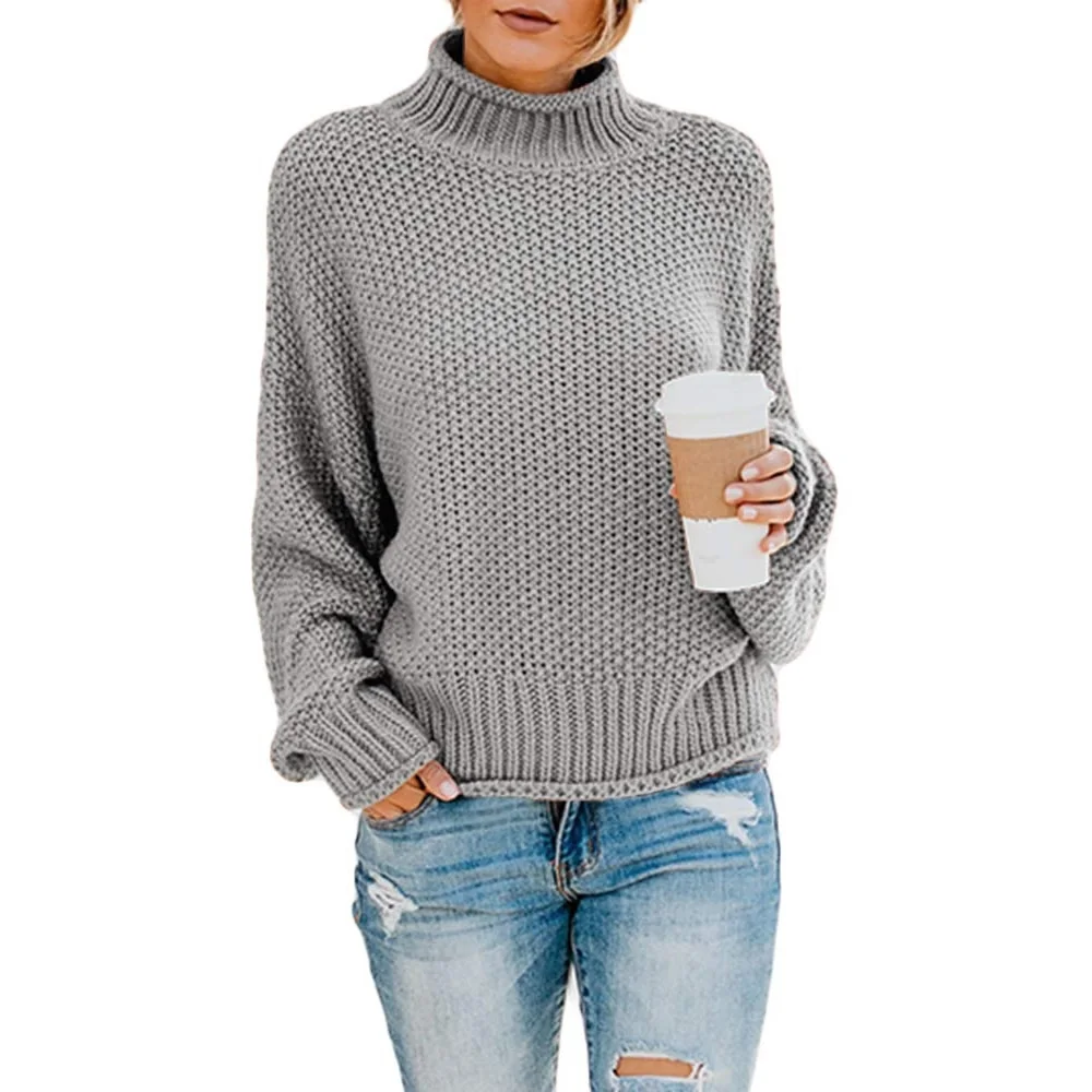 

Polyamide Knitted Women Sweater Statement Loose Hollow Knitted Solid Women Pullovers Strapless Turtleneck Women Sweater