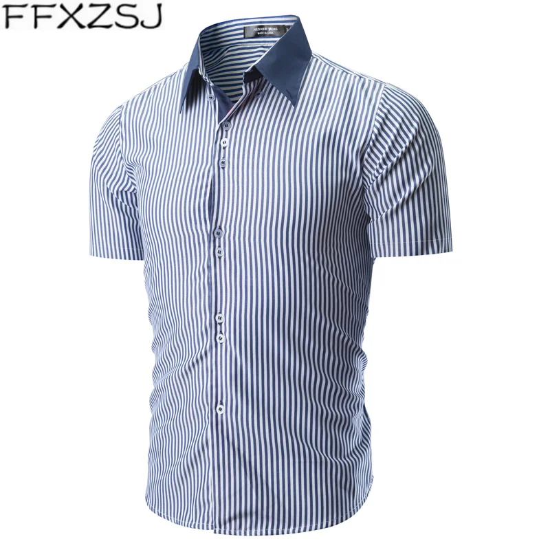 

FFXZSJ Brand men's 2019 new men's classic striped shirt men's lapel casual slim short sleeve shirt Striped Single Breasted