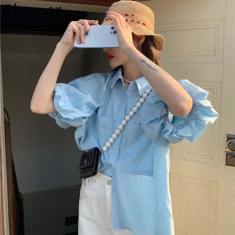 

Shirts Women Summer Solid Simple Puff-sleeve All-match Leisure Streetwear Chic Ulzzang Comfortable Breathable Turn Down Collar