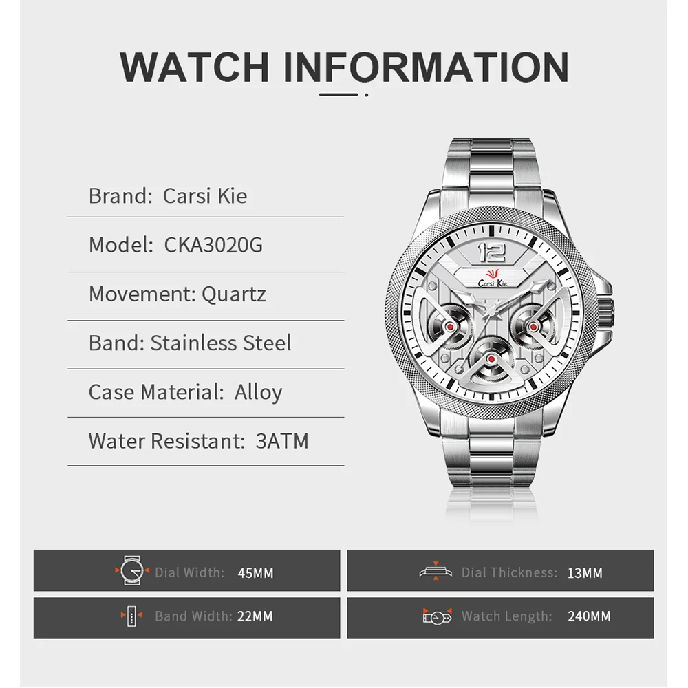 

Men Watches Top Luxury Brand Carsikie Quartz Relogio Sport Waterproof Wrist Watches Chronograph Date Wristwatch Clock