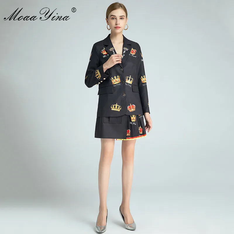 

MoaaYina Fashion Designer Set Spring Women's Beaded turn-down collar Long sleeve Suit Tops+Pleated skirt Print Two-piece set