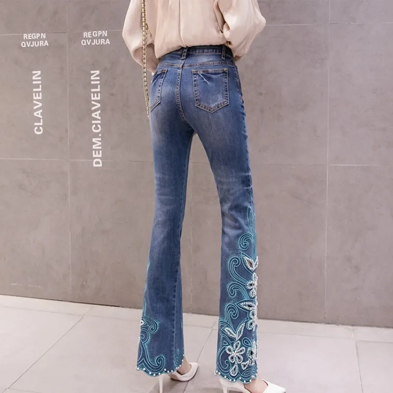 Женские джинсы-клеш в стиле ретро с вышитыми бусинами и дырочками большие