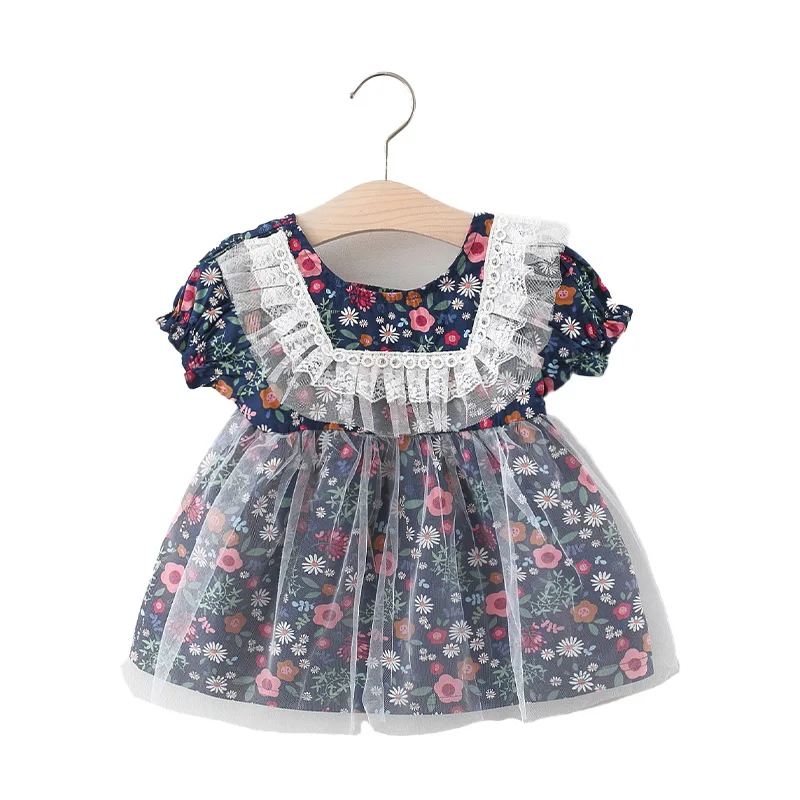 

Summer Mesh Baby Girl Dress 2021 Cute Printing Casual Clothing Short Sleeve Baby Stitched Lace Dress Girl Kids Dress 0-3 y
