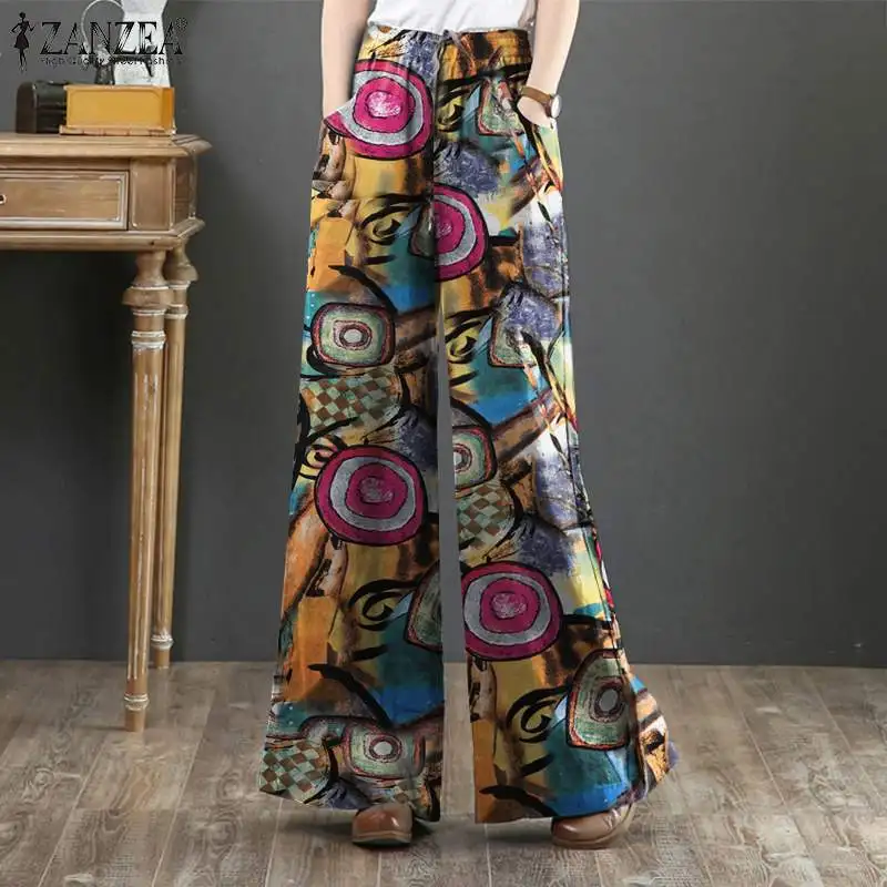 

Women Autumn High Waist Long Pants ZANZEA Wide Leg Trousers Elegant Pleated OL Work Pantalon Fashion Printed Palazzo Femme Pants