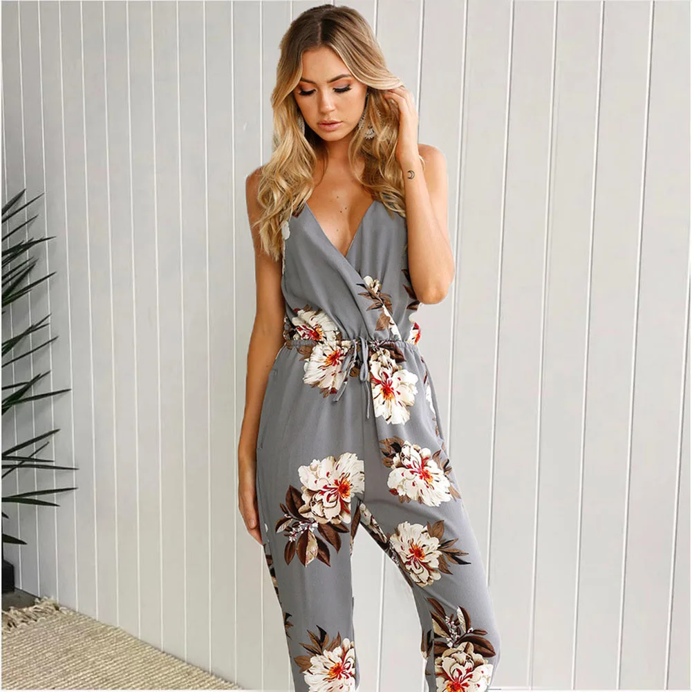 

Pop Summer Women Romper Sexy Deep V Floral Printed Strap Crossed Sleeveless Backless Lady Casual Long Jumpsuit Pop 88