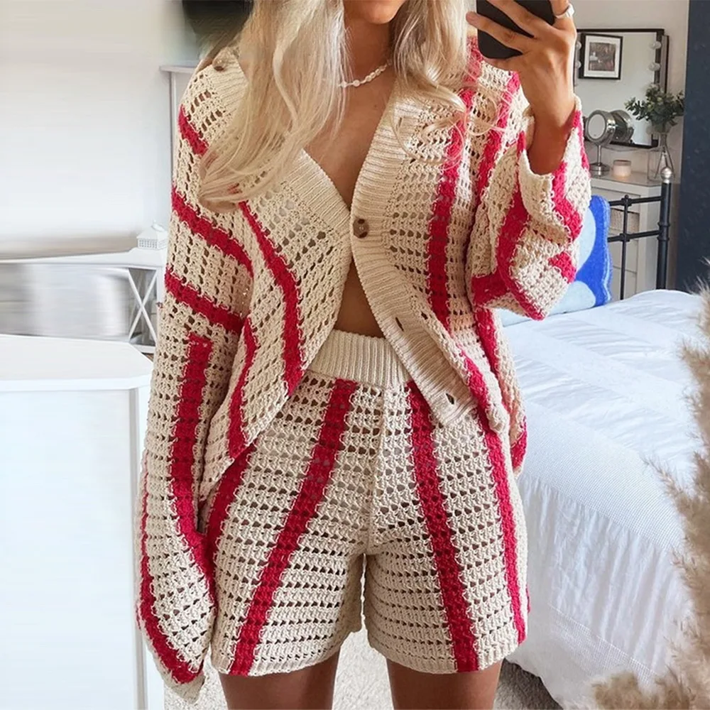 

Knitted Long Sleeve Cardigan Women Red Stripe Loose Y2K Autumn Winter Fashion Casual Sweater Top V Neck Oversized Sweater Suits