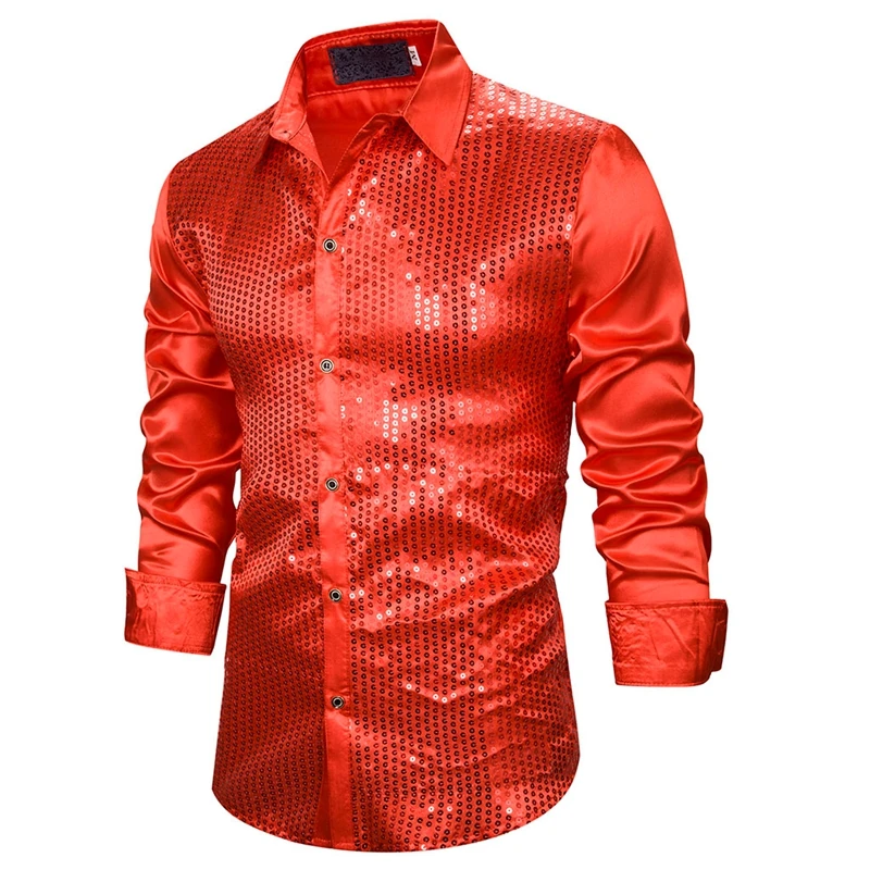 CYSINCOS New Men'Luxury Sequin Dress Shirts Long Sleeve Silk Satin Shiny Men Chemise Stage Dance | Мужская одежда