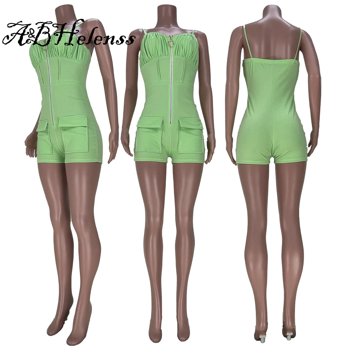 

Women's Casual Sporty Solid Summer Playsuit Sexy Zipper Spaghetti Strap Reched Pockets Slim Bodycon Club wear Jumpsuit Women