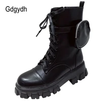 gdgydh hot autumn pocket motorcycle boots woman platform chunky sole pouch mid calf boots for women buckle strap plus size 42