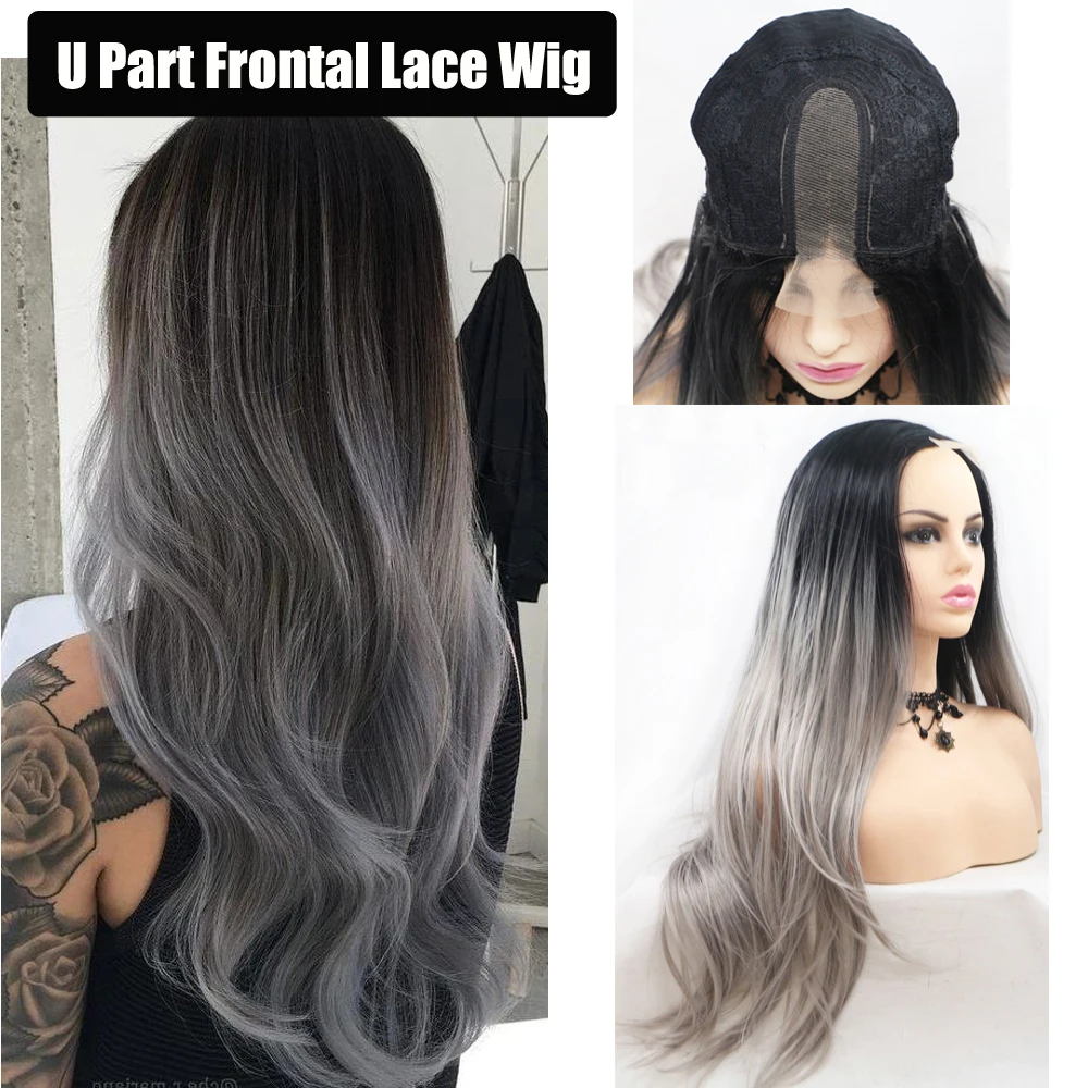 Серая синтетическая кружевная Передняя парик Омбре длинные Натуральные Прямые