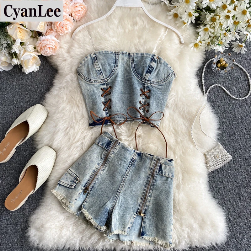 

Women 2020 Summer Sexy Short Style Strap Vest Tank Tops+ Irregular Zipper Denim Shorts Sets Denim Tanks+Short Jeans Suits